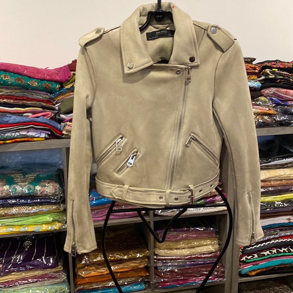 Beige suede cropped Moto jacket